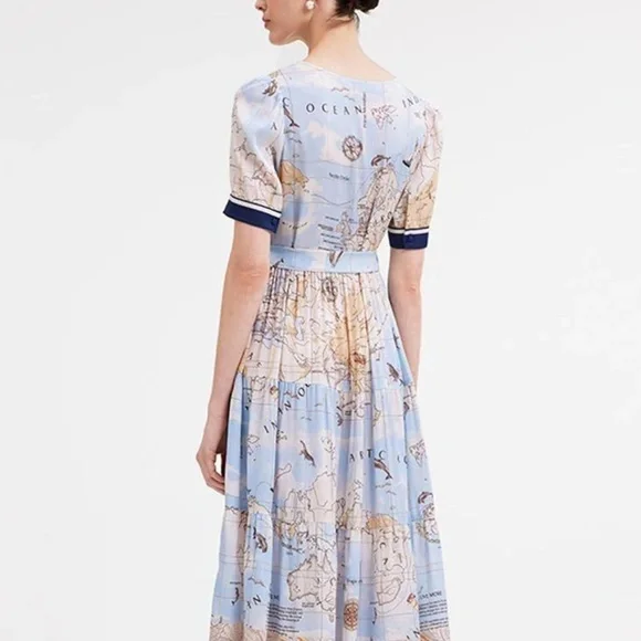 World map silk dress NWT